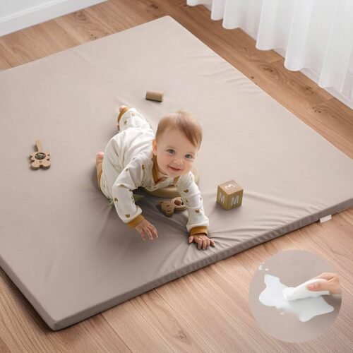 Vegan Leather Crawling Mat, 50 x 50 cm, Thick Foam Padded & Waterproof, Playpen Mat for Infants and Toddlers, Stylish and Easy Wipe Clean Play Mat for
