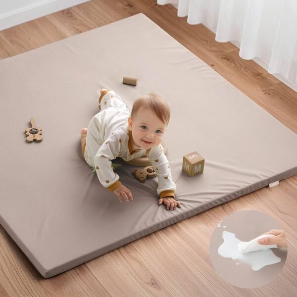 Vegan Leather Crawling Mat, 50 x 50 cm, Thick Foam Padded & Waterproof, Playpen Mat for Infants and Toddlers, Stylish and Easy Wipe Clean Play Mat for